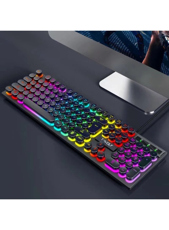 T-WOLF T80 GAMING WIRED KEYBOARD Light-emitting game office punk retro round keycap ( BLACk ) - Image 1